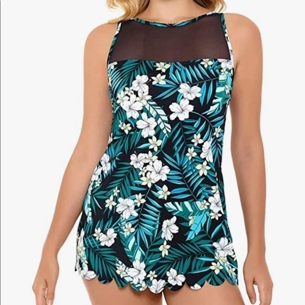 SWIM SOLUTIONS Women's Black Tropical Print High Neck Scalloped Swimdress - Picture 3 of 13